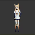 Anime Style Game Character With Cat Ears Blonde Hair White Top And Blue Skirt